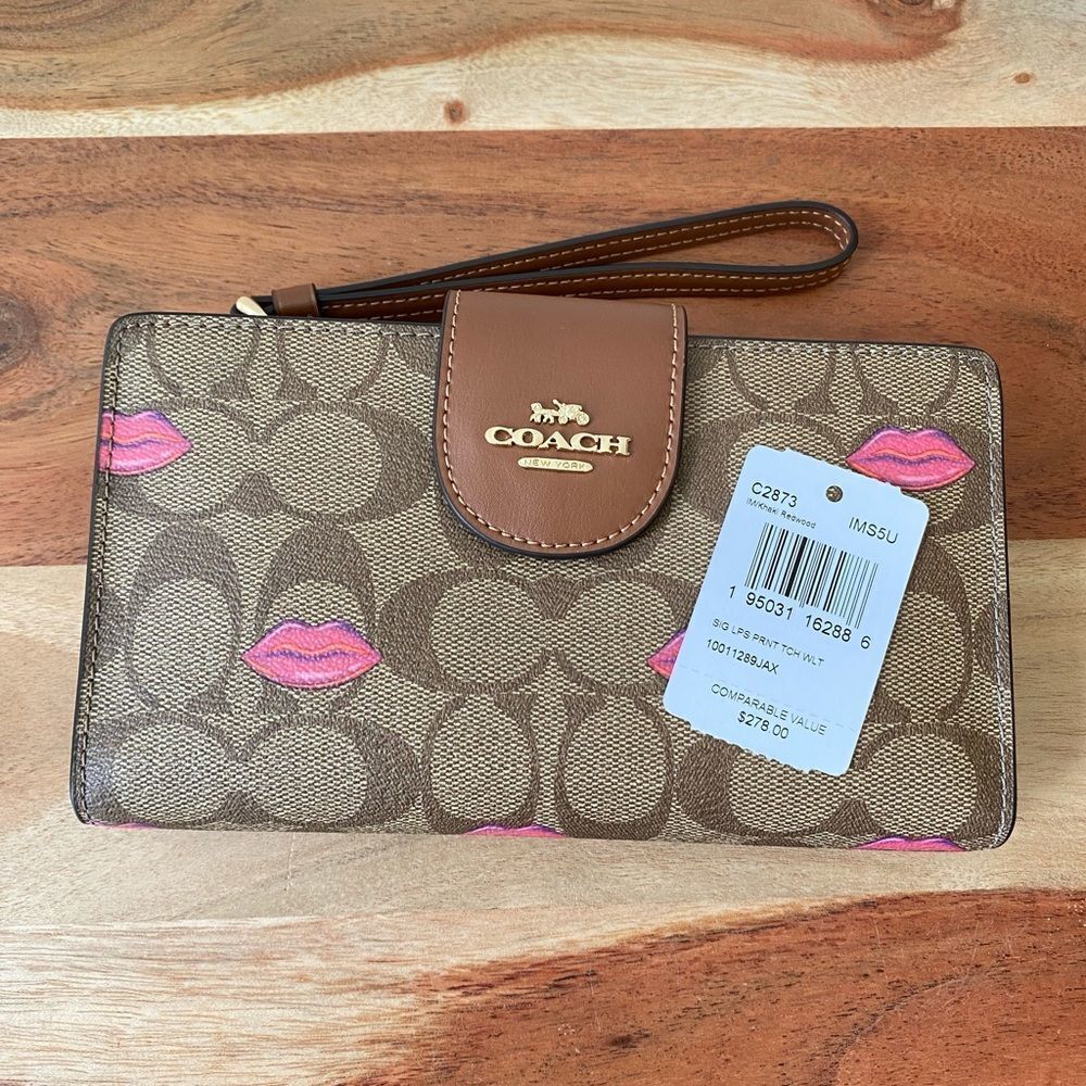NWT COACH TECH WALLET IN SIGNATURE CANVAS‎ WITH LIPS PRINT - Picture 5 of 6